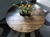 Outdoor Exterior Grade Reclaimed Distressed Round Dining Table. Heavy Duty Iron Pipe legs.