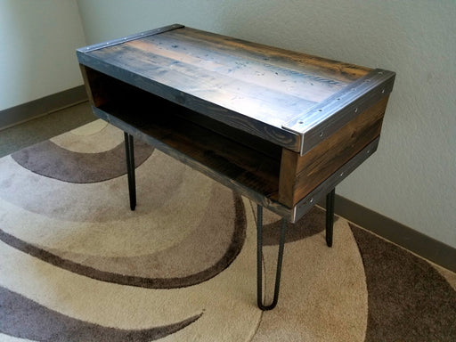 Industrial End, Side Table, TV Stand Reclaimed Distressed Wood with hairpin legs