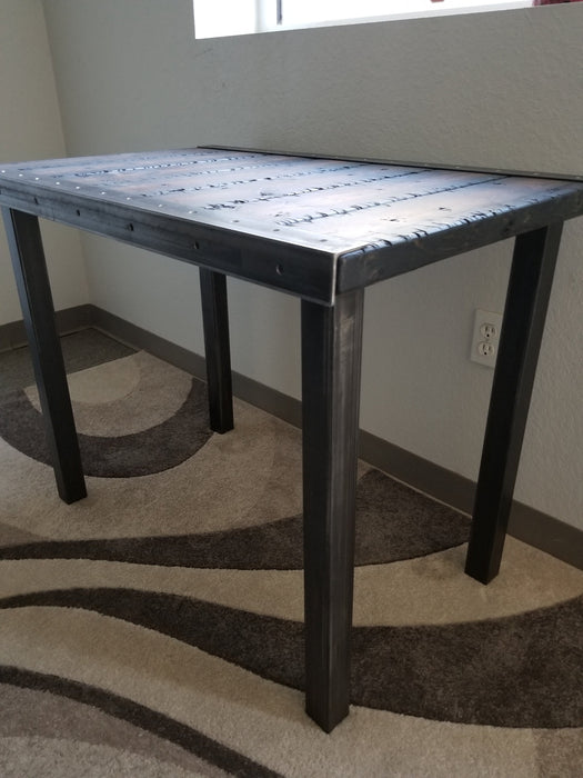 Stitches Reclaimed Distressed Custom built Industrial desk with raw steel trim and straight steel legs