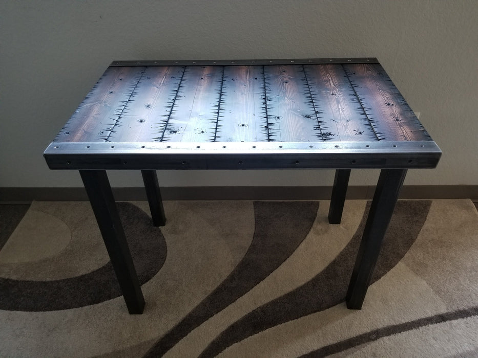 Stitches Reclaimed Distressed Custom built Industrial desk with raw steel trim and straight steel legs