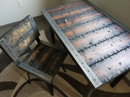 Stitches Reclaimed Distressed Custom built Industrial desk with raw steel trim and straight steel legs