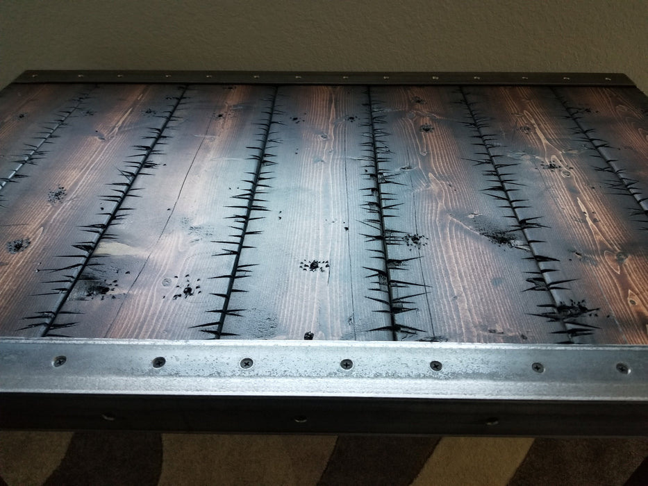 Stitches Reclaimed Distressed Custom built Industrial desk with raw steel trim and straight steel legs