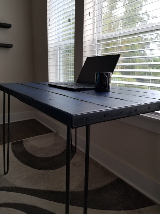 Fresh Bruise Blue Reclaimed Distressed Industrial Wood Desk with rebar hairpin legs