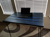 Fresh Bruise Blue Reclaimed Distressed Industrial Wood Desk with rebar hairpin legs