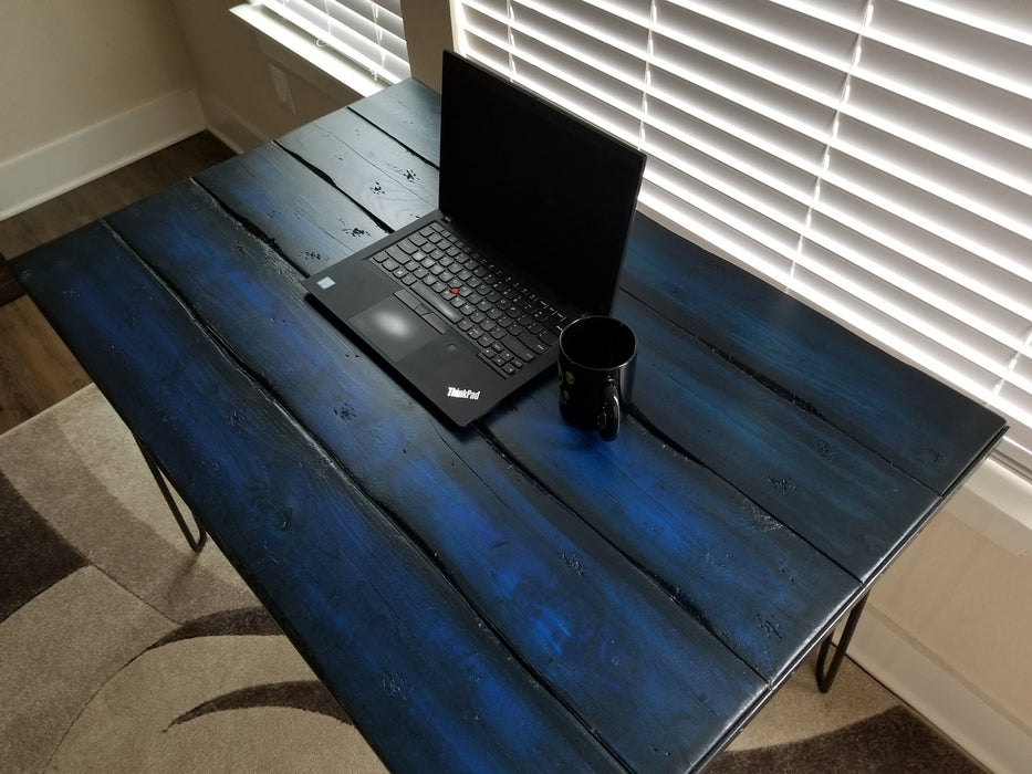 Fresh Bruise Blue Reclaimed Distressed Industrial Wood Desk with rebar hairpin legs