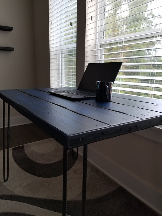 Fresh Bruise Blue Reclaimed Distressed Industrial Wood Desk with rebar hairpin legs