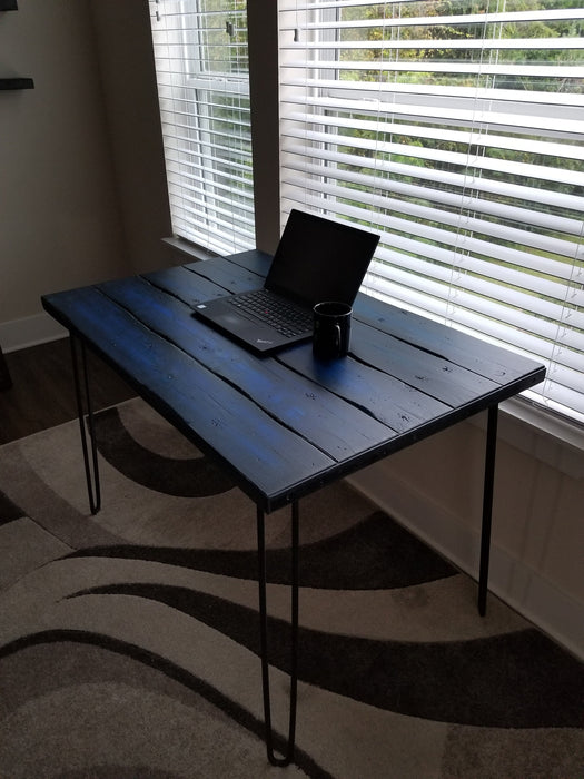 Fresh Bruise Blue Reclaimed Distressed Industrial Wood Desk with rebar hairpin legs