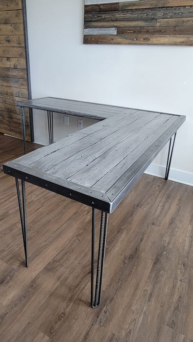 Ghost L-Shaped Desk Reclaimed Distressed Industrial Style with 3-Rod Hairpin Legs