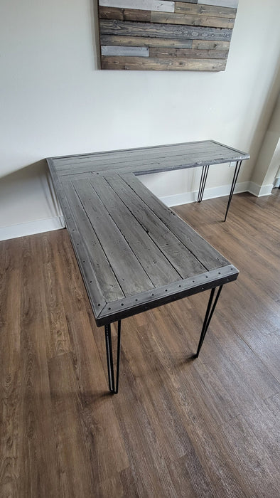 Ghost L-Shaped Desk Reclaimed Distressed Industrial Style with 3-Rod Hairpin Legs