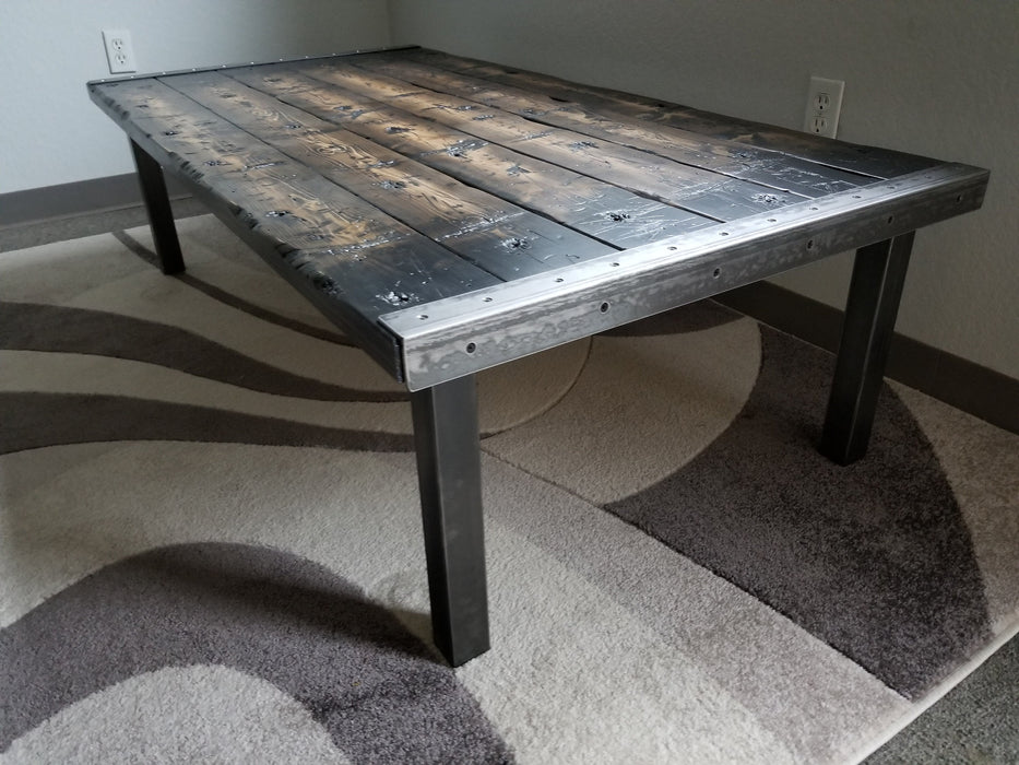 Tortured Reclaimed Distressed Custom Made Industrial Coffee Table, Wood, raw steel trim and straight steel legs