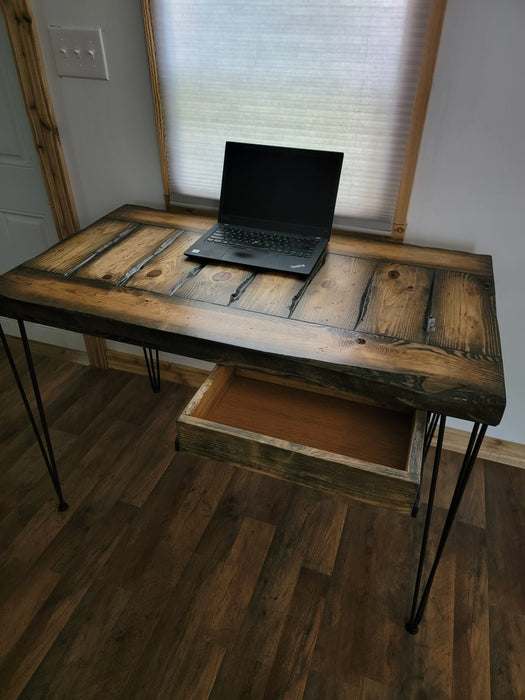 Lightly Tortured Reclaimed Distressed Industrial Wood Desk with hairpin legs