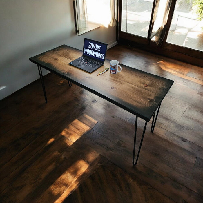 Sunburst Wood Desk Reclaimed Distressed Desk with Hairpin legs