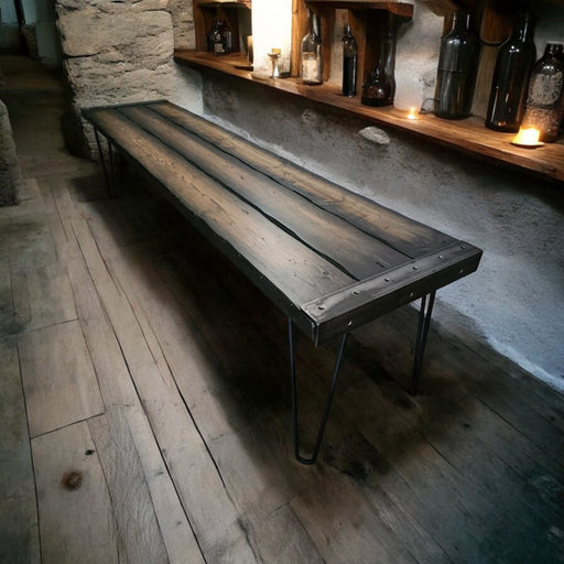 Tortured Reclaimed Distressed Custom Built Industrial Bench or Sofa / Hallway Table with Heavy Duty Hairpin Legs