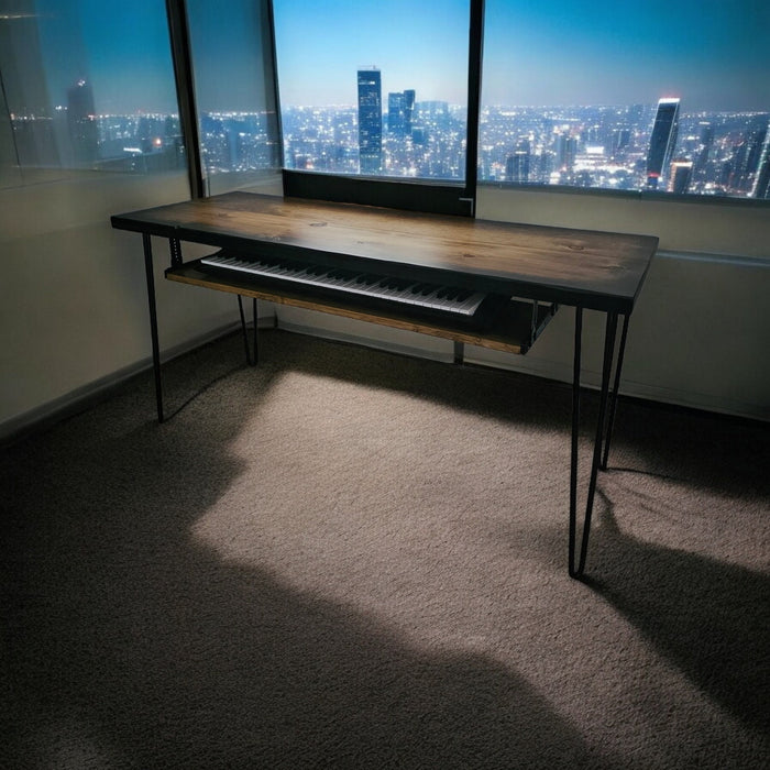 Desk with Keyboard Tray For Studio Musician Gaming Piano Sunburst Reclaimed Distressed Table with Hairpin legs