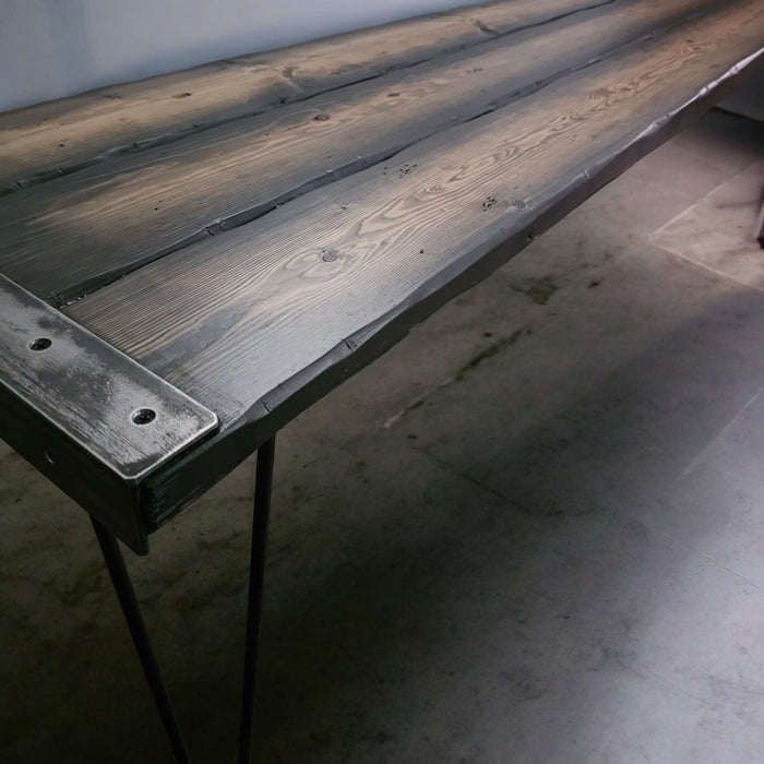 Tortured Reclaimed Distressed Custom Built Industrial Bench or Sofa / Hallway Table with Heavy Duty Hairpin Legs