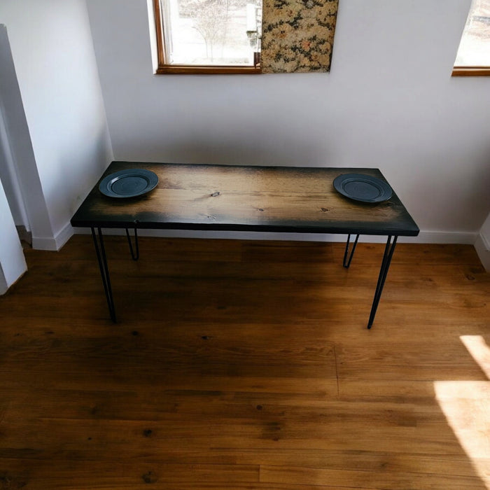 Sunburst Wood Dining Table Reclaimed Distressed Industrial with hairpin legs