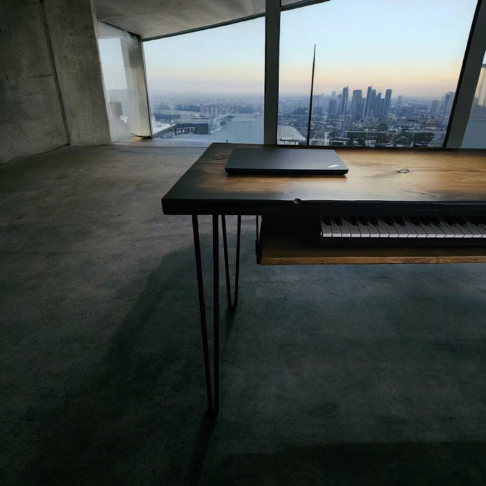 Desk with Keyboard Tray For Studio Musician Gaming Piano Sunburst Reclaimed Distressed Table with Hairpin legs