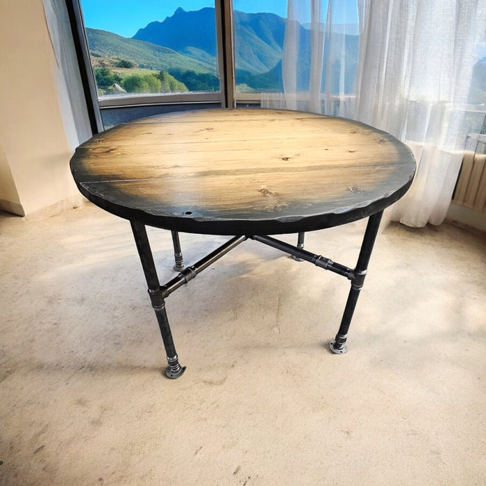 Sunburst Style Reclaimed Distressed Round Dining Table with X Pipe base. Standard Height, Counter Height, or Pub / Bar Height