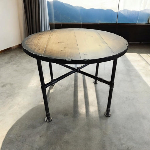 Sunburst Style Reclaimed Distressed Round Dining Table with X Pipe base. Standard Height, Counter Height, or Pub / Bar Height