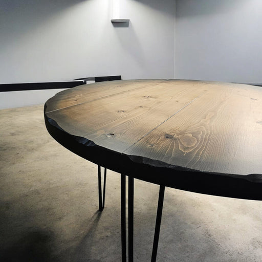 Sunburst Reclaimed Distressed Round Dining Table with Hairpin legs