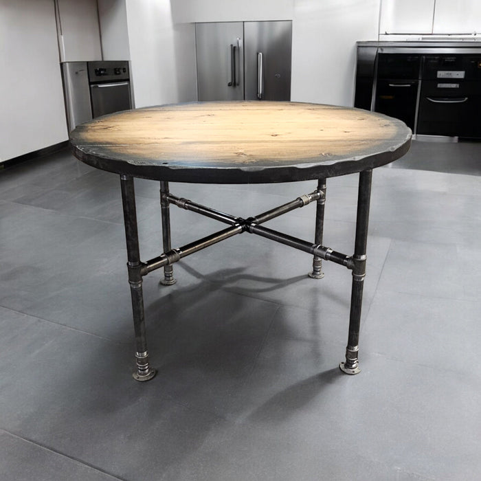 Sunburst Style Reclaimed Distressed Round Dining Table with X Pipe base. Standard Height, Counter Height, or Pub / Bar Height