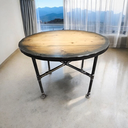 Sunburst Style Reclaimed Distressed Round Dining Table with X Pipe base. Standard Height, Counter Height, or Pub / Bar Height