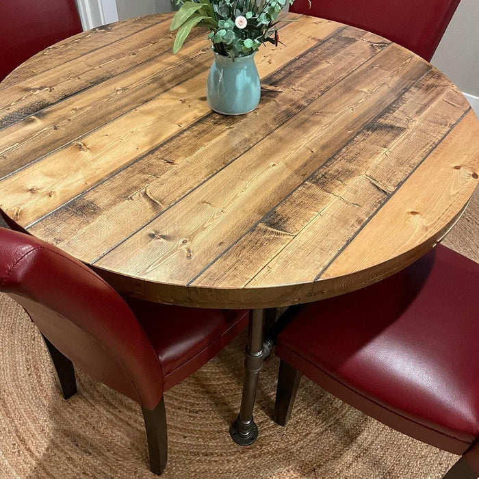 Custom Reclaimed Distressed Round Dining Table. Heavy Duty Iron Pipe legs. Choose size and height.