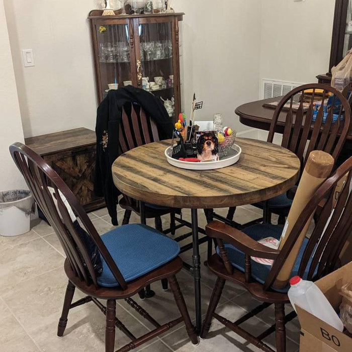 Custom Reclaimed Distressed Round Dining Table. Heavy Duty Iron Pipe legs. Choose size and height.