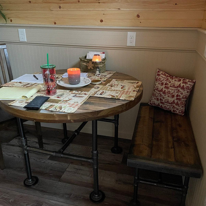 Custom Reclaimed Distressed Round Dining Table. Heavy Duty Iron Pipe legs. Choose size and height.