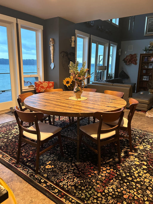 Custom Reclaimed Distressed Round Dining Table. Heavy Duty Iron Pipe legs. Choose size and height.