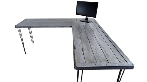 Ghost L-Shaped Desk Reclaimed Distressed Industrial Style with 3-Rod Hairpin Legs