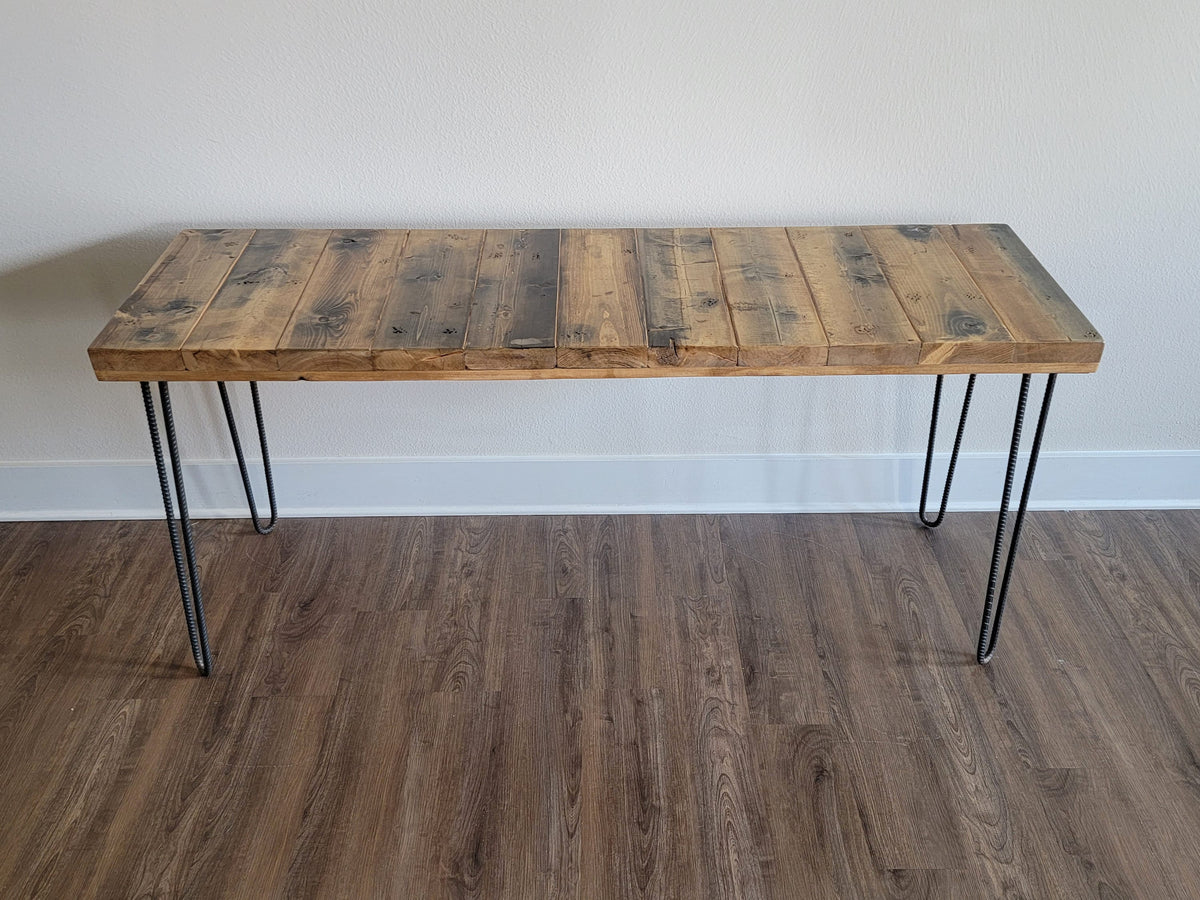 Clearance Sale! Blood Red Stain Reclaimed Distressed Industrial Wood Desk  with rebar hairpin legs